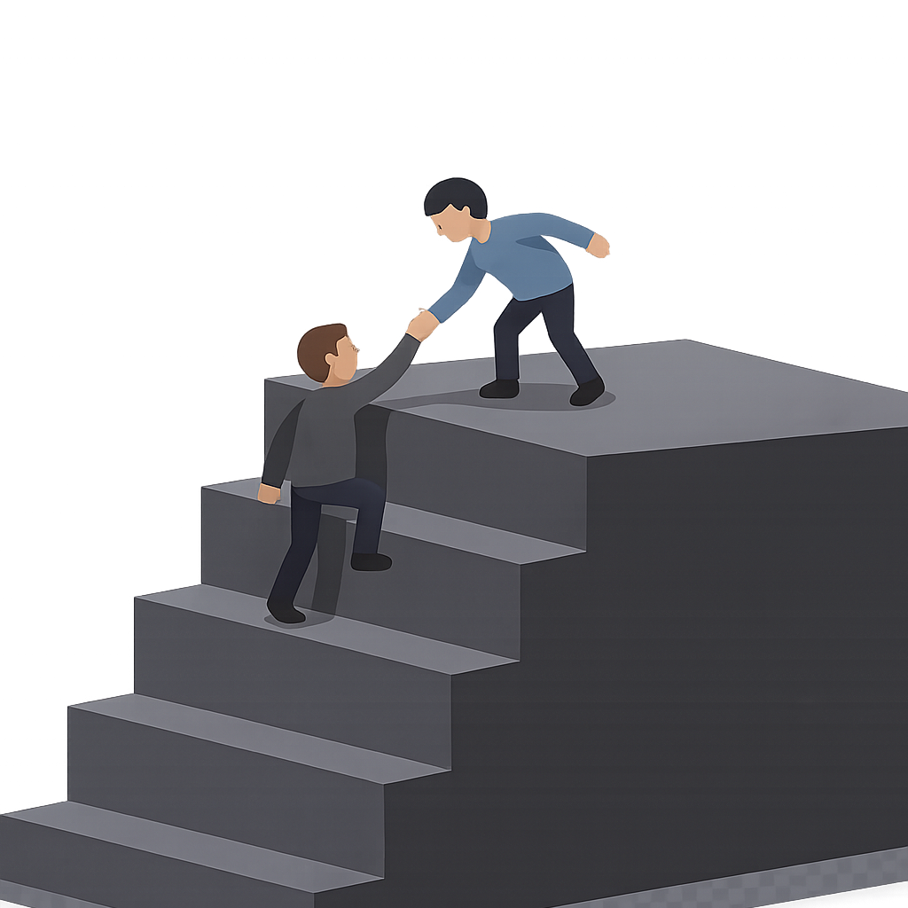 One person helping another up a set of steps